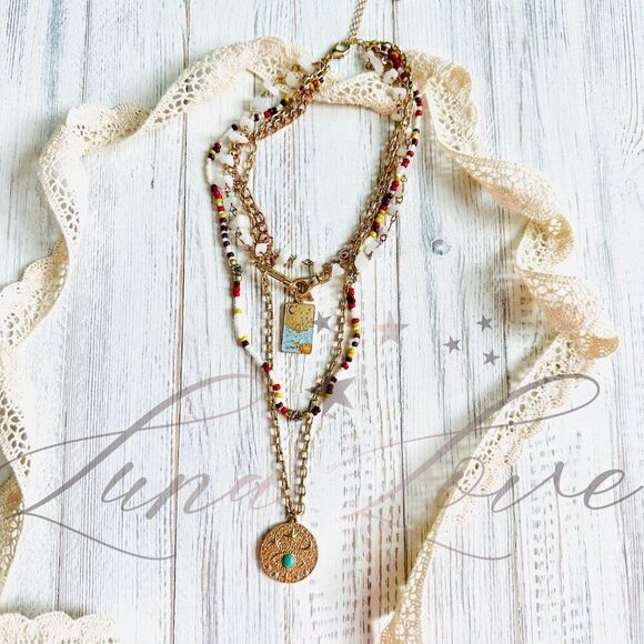 FREE PEOPLE Little Island Charm Layered Necklace In Gold Burgundy Mix NWOT - Picture 3 of 7